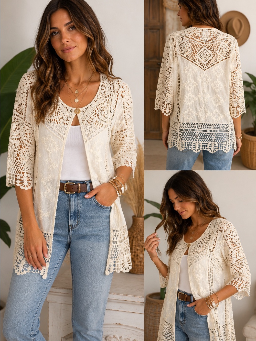 Democracy Ivory Crochet Lace Embroidered Boho Open Front Cardigan M Cotton